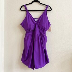 New Bloomchic Purple V Neck Ruched Empire Waist Swim Dress Tunic Plus US 18-20